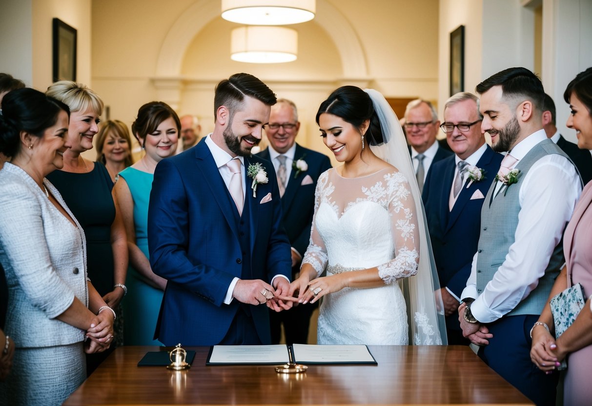 A bride and groom standing at a registry office with a small group of guests, exchanging rings and signing the marriage certificate