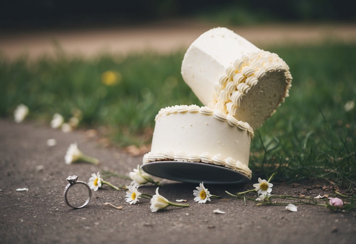 A wedding cake sits abandoned, with a toppled tier and scattered flowers, while a broken engagement ring lies discarded on the ground