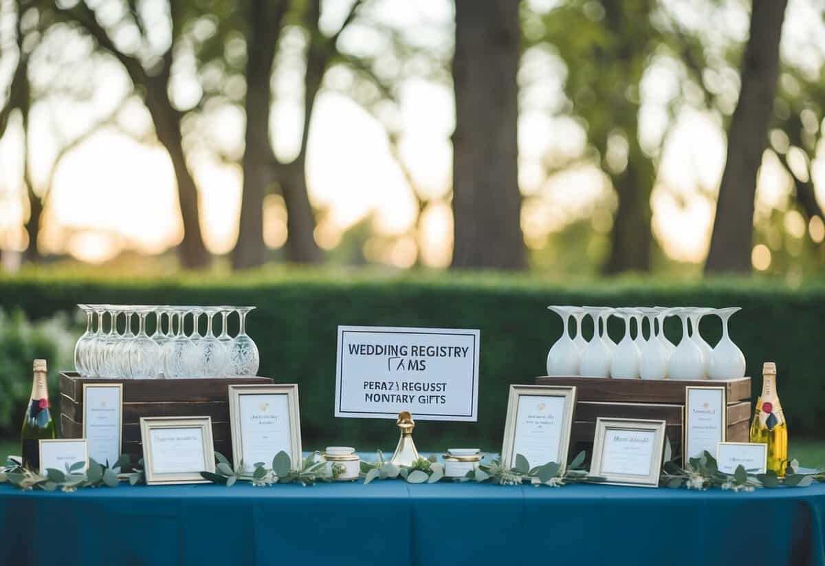 A couple's wedding registry items displayed on a table with a sign indicating the request for monetary gifts