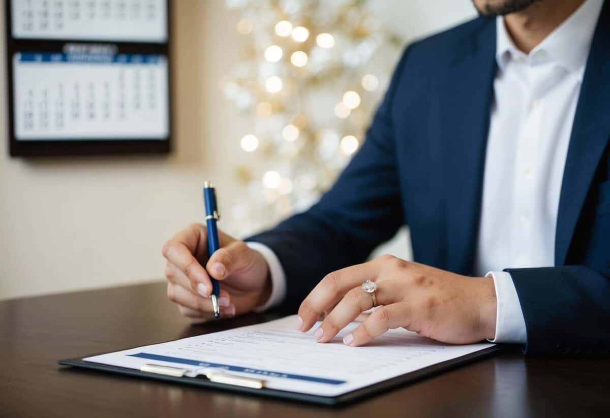A person sitting at a desk, filling out a form with a wedding ring visible on their finger. A calendar on the wall shows the current date