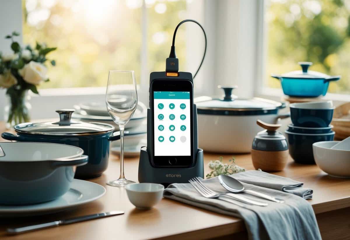 A table with various items such as dishes, cookware, and linens, along with an accompanying scanner or smartphone for adding items to the registry