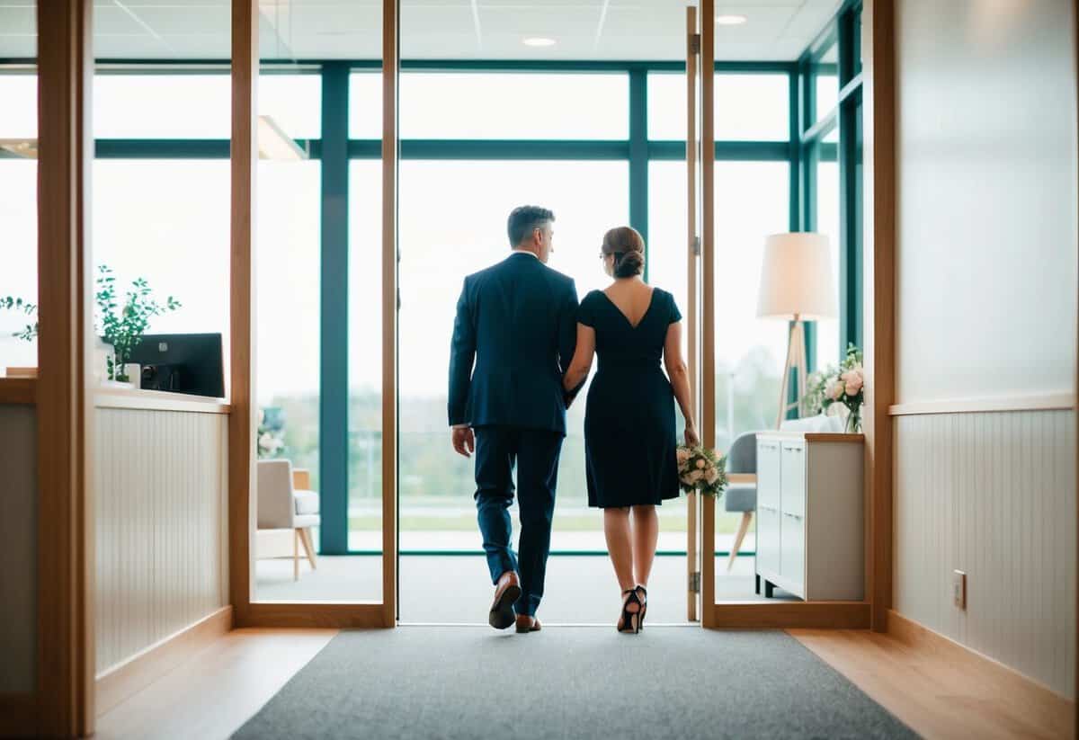 A couple walks into a modern registry office with large windows, a simple yet elegant interior, and a cozy atmosphere