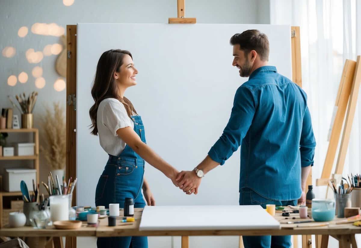A couple holding hands and looking at a blank canvas, surrounded by art supplies and a variety of meaningful objects