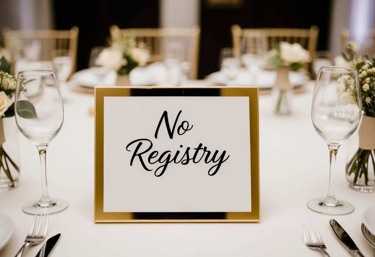 A table with simple, elegant decor and a sign reading "No Registry" displayed prominently
