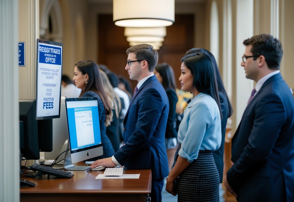 A registrar's office with a line of people, a desk with a computer, and a sign displaying fees