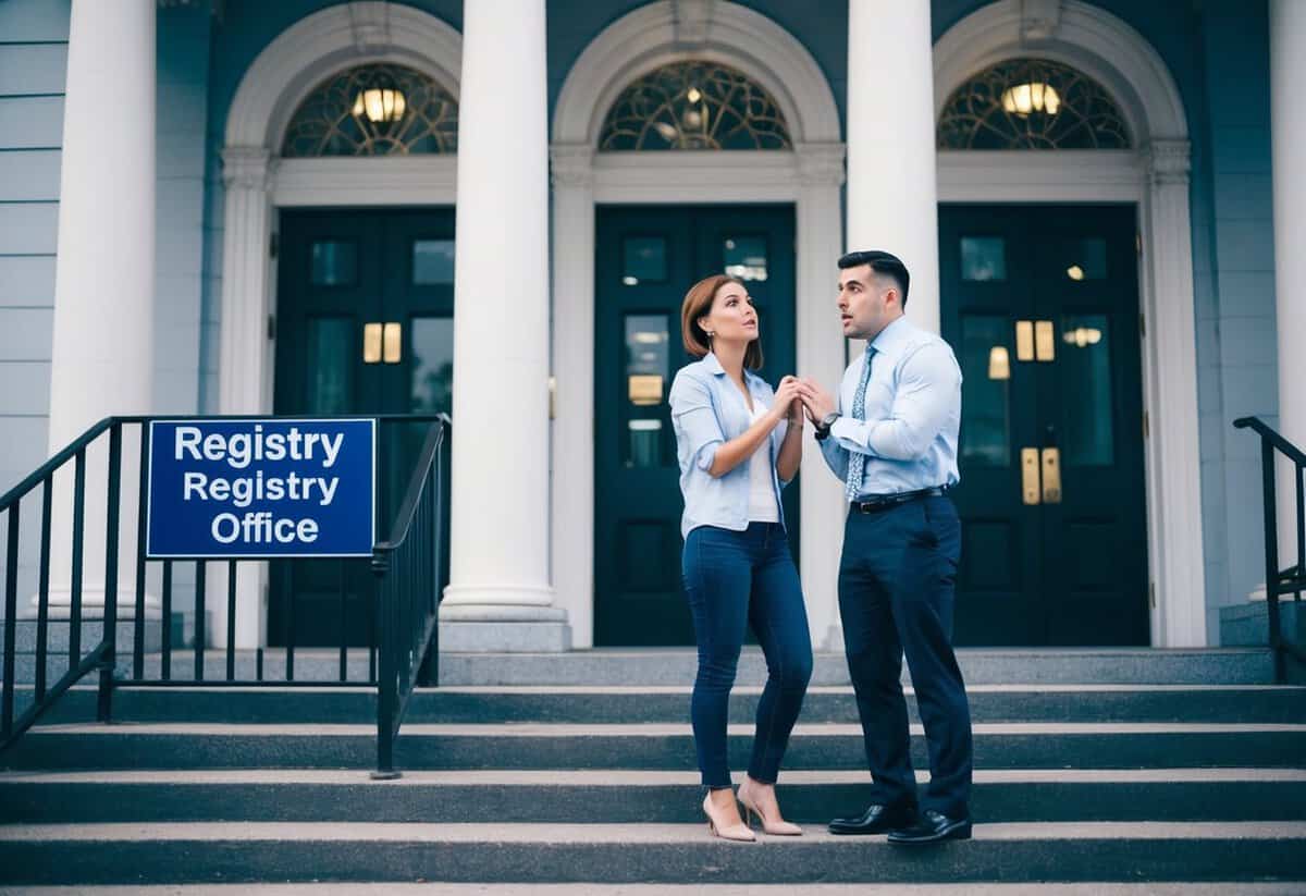A couple stands outside a government building, looking confused and frustrated. The building has a sign indicating it is the registry office