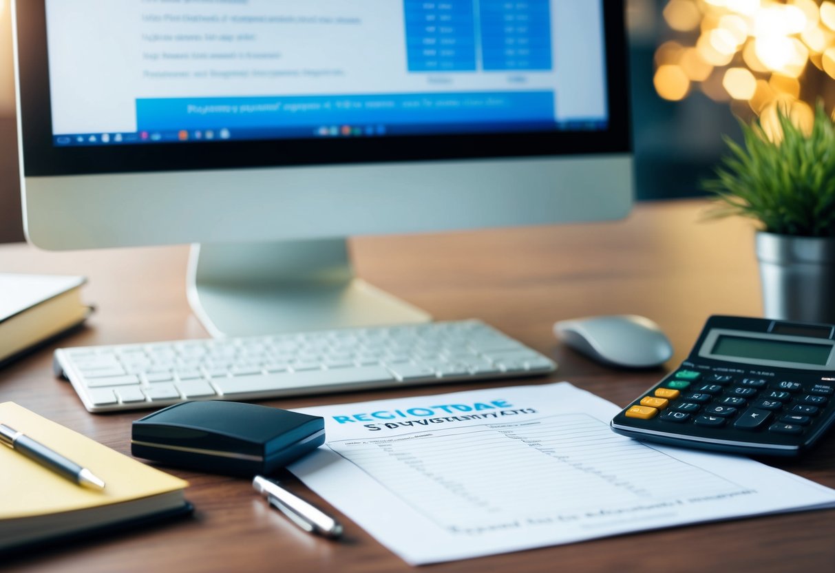 A desk with a computer, calculator, and paperwork. A price list for registrar services is visible. A pen and notebook are nearby