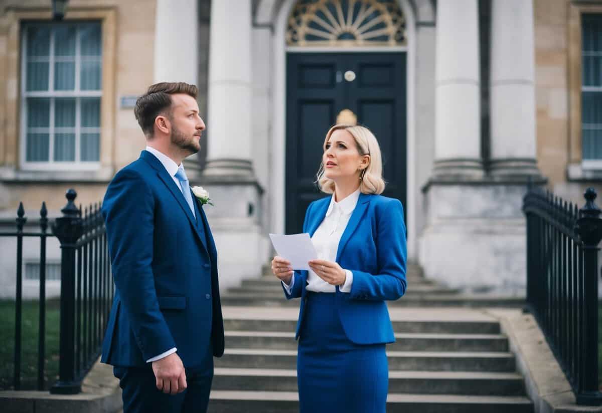 A couple stands outside a government building, looking confused and frustrated as they realize their marriage was never officially registered in the UK