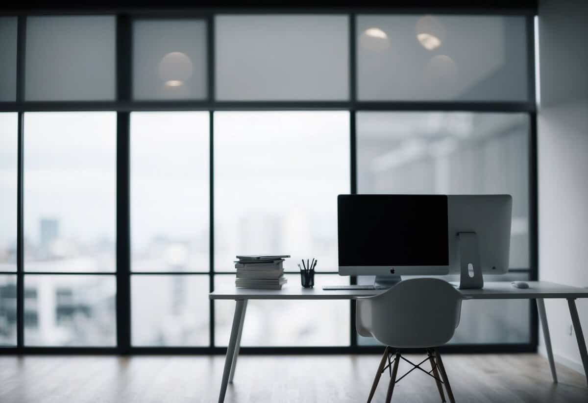 A blank desk with no papers or files, an empty computer screen, and an unoccupied chair in front of it