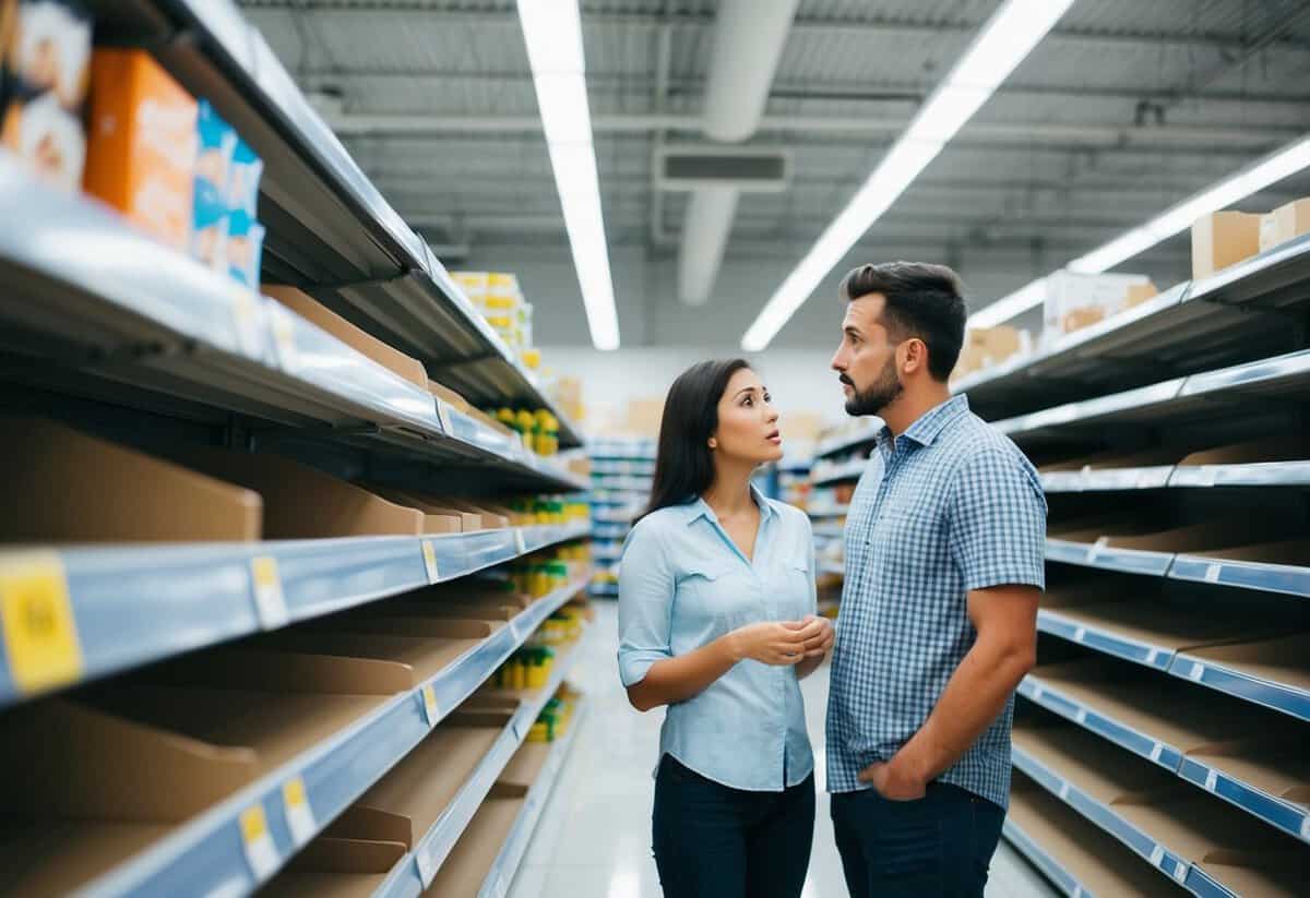 A couple looking at empty shelves in a store, confused expressions on their faces as they discuss their options