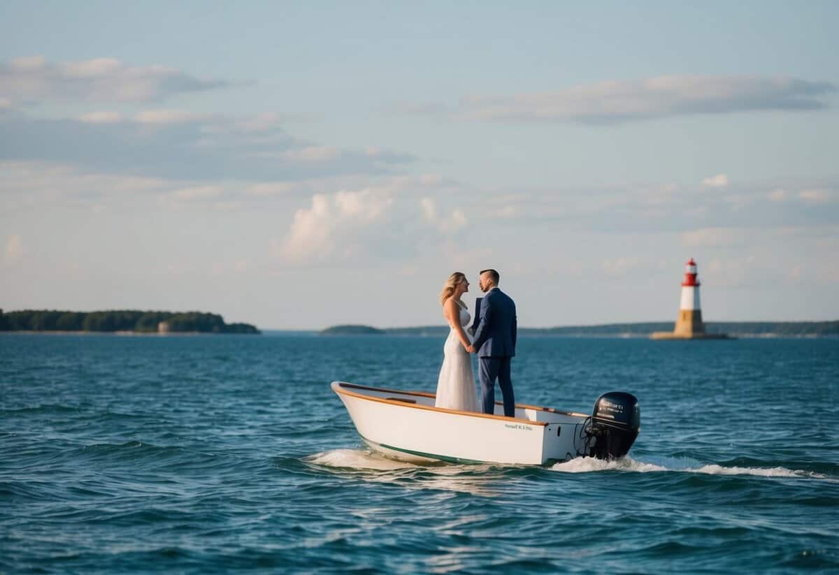 A couple standing on a boat, surrounded by open water, with a lighthouse in the distance