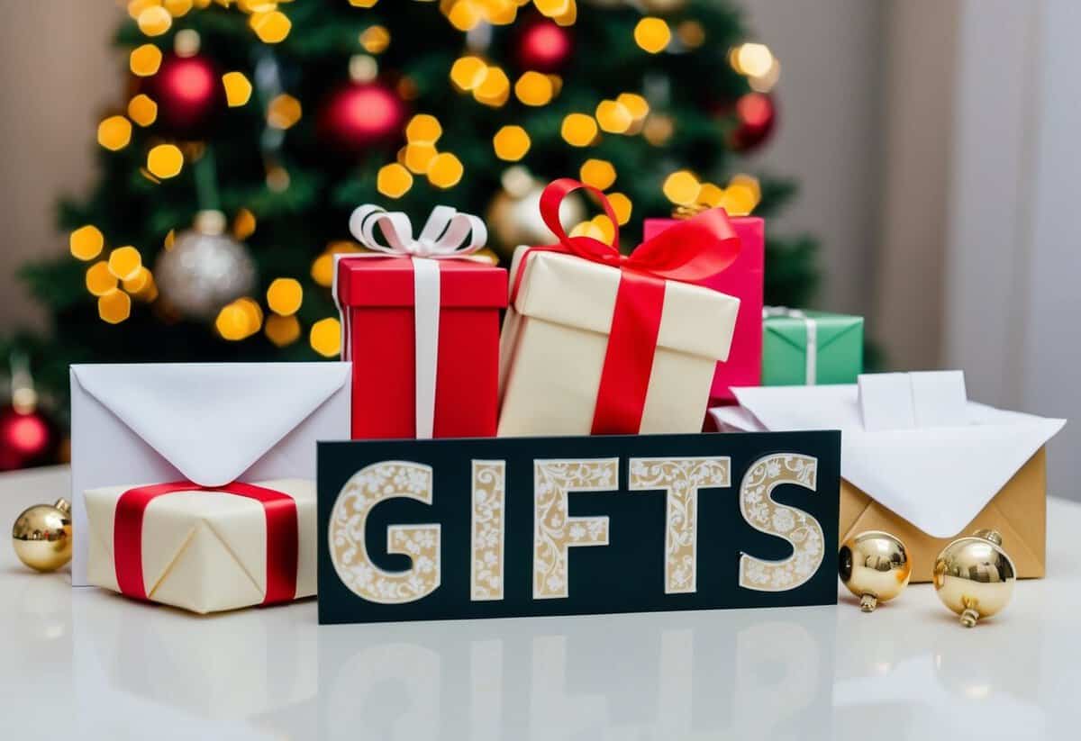 A table with a decorative sign reading "gifts" and an assortment of wrapped presents and envelopes