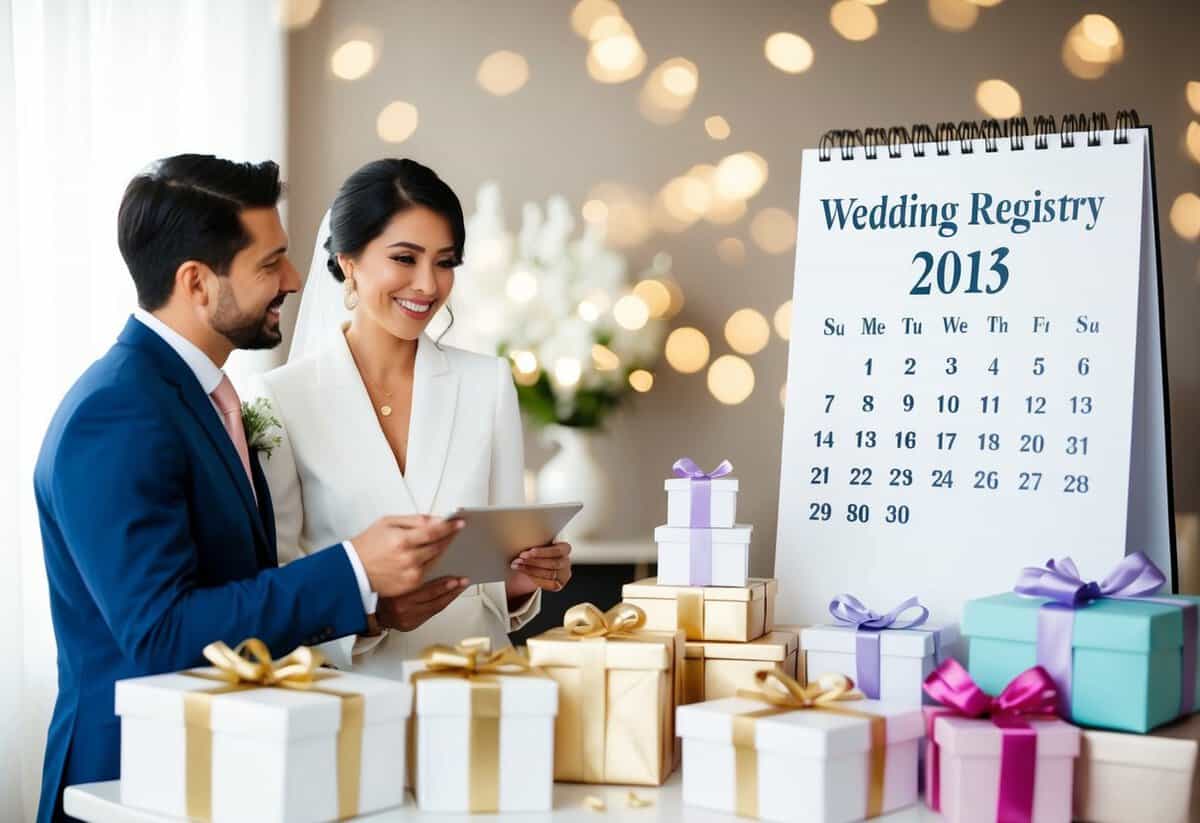 A couple discussing wedding registry items while surrounded by gifts and a calendar marking the date of the wedding