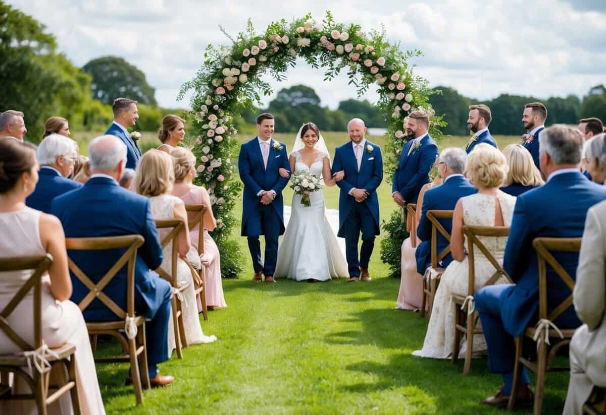 A traditional English countryside wedding ceremony with a floral arch and guests seated on wooden chairs