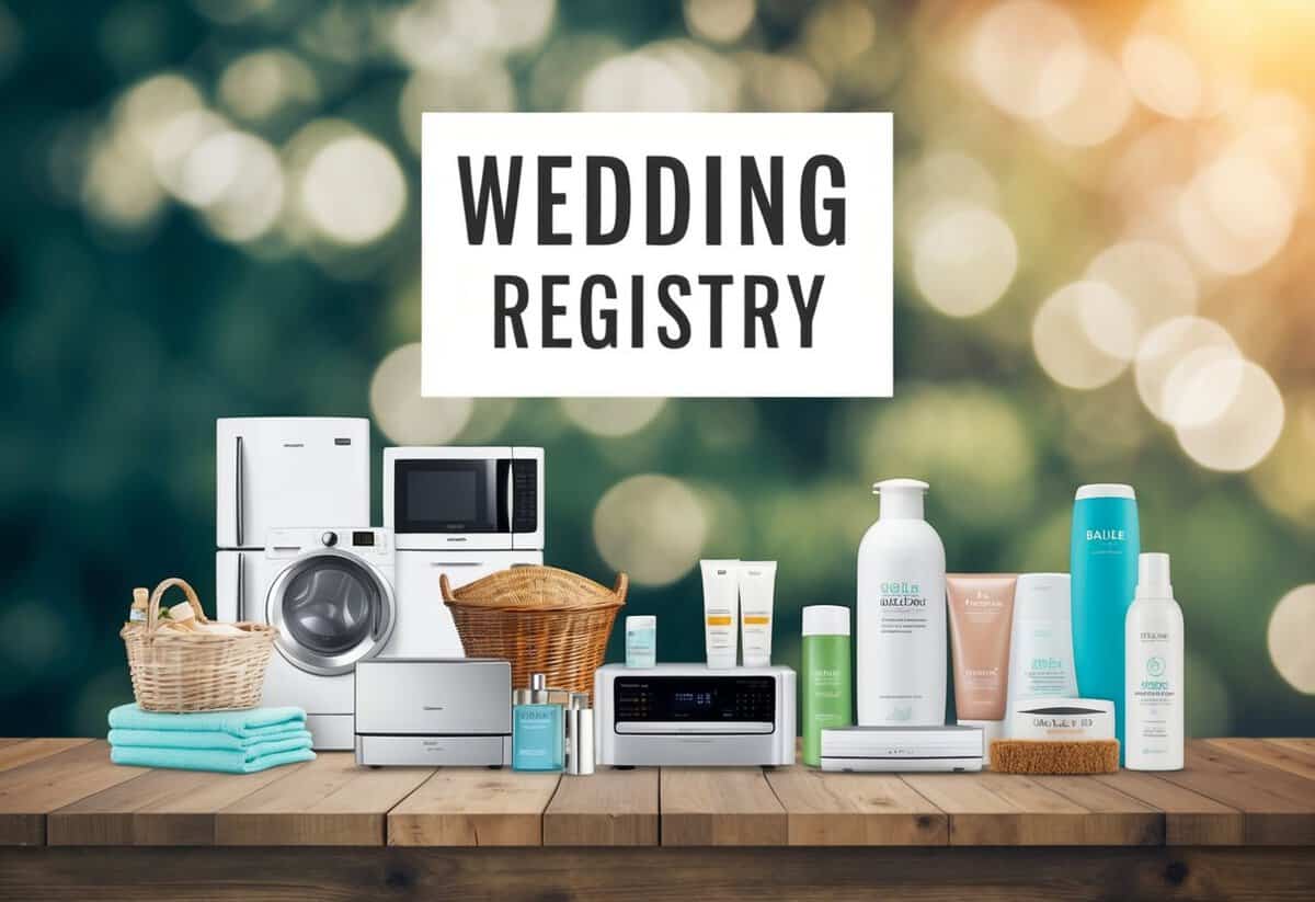 A wedding registry with items like household appliances, electronics, and personal hygiene products