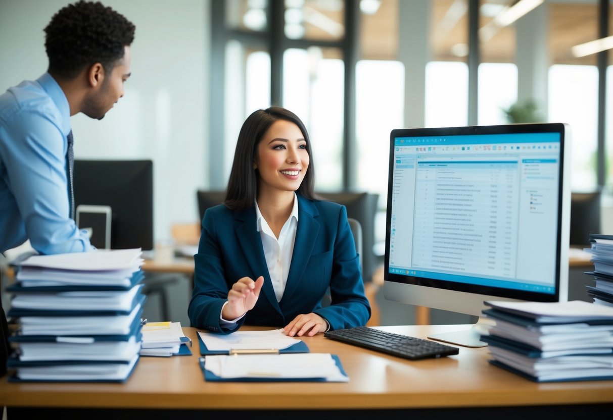 A registrar sits at a desk, speaking with a visitor. Files and paperwork are neatly organized on the desk, and a computer screen displays a database