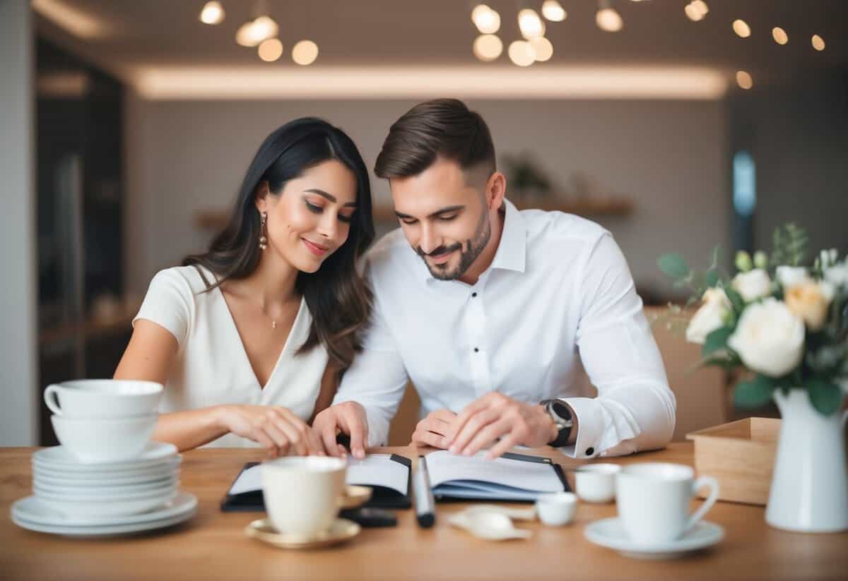 A couple carefully selecting items for their wedding registry, avoiding inappropriate choices
