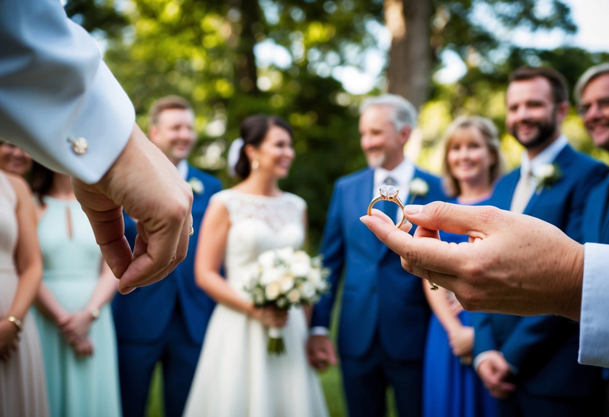 A wedding ring being placed on a finger, with two people standing facing each other, surrounded by friends and family