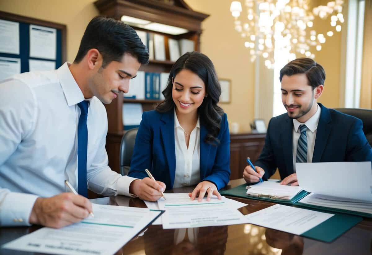 A couple filling out marriage license forms at a government office, surrounded by official documents and a clerk behind a desk