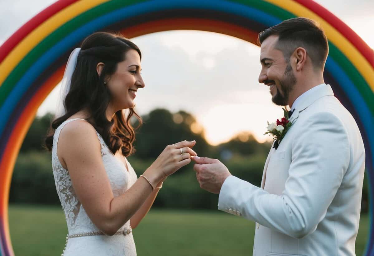 A same-sex couple exchanging wedding rings under a rainbow archway
