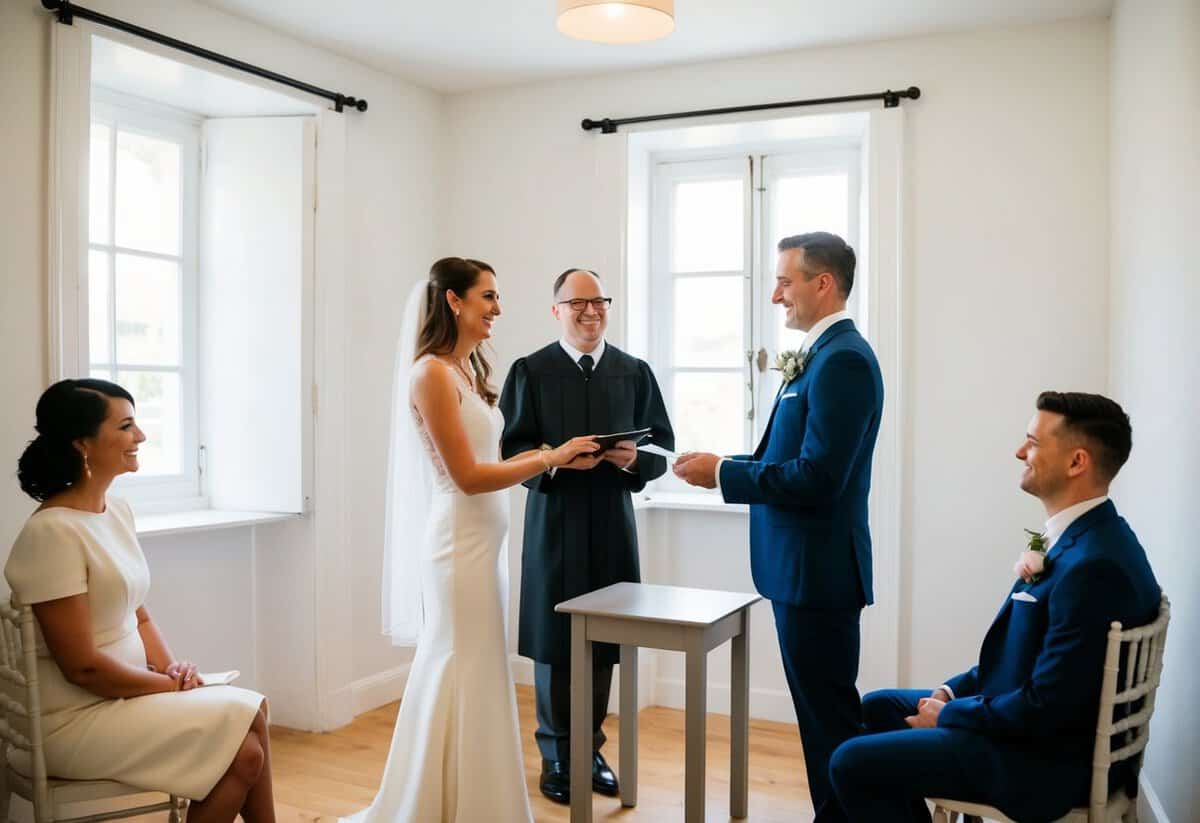 A couple and an officiant stand before a simple table in a small, bright room. Two witnesses sit nearby, watching as the couple exchanges vows