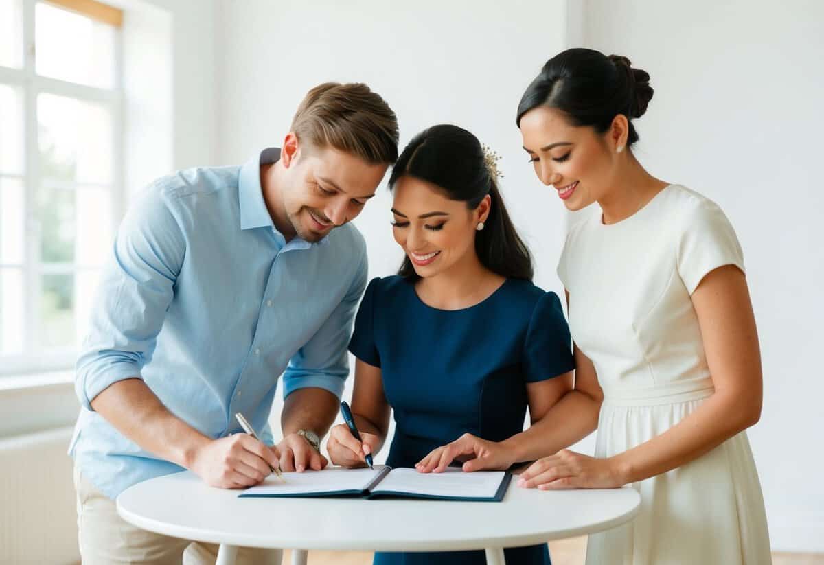A couple and two witnesses signing a marriage registry book at a simple table in a bright, airy room