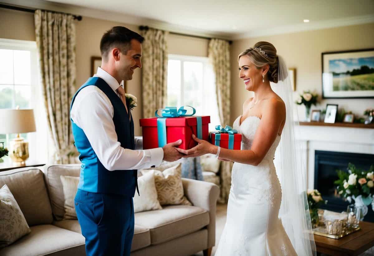 A bride and groom exchange gifts in a cozy living room adorned with wedding memorabilia