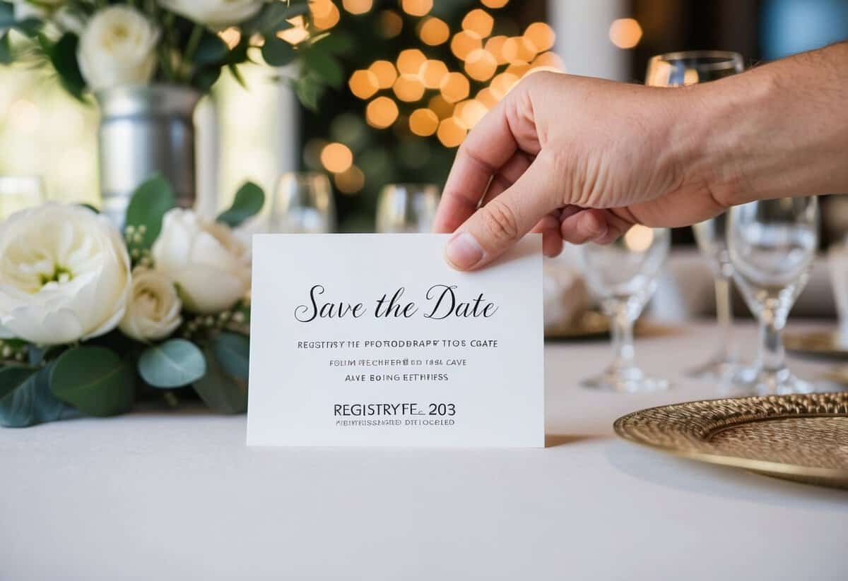 A couple placing a "Save the Date" card with registry information on a table with wedding decor