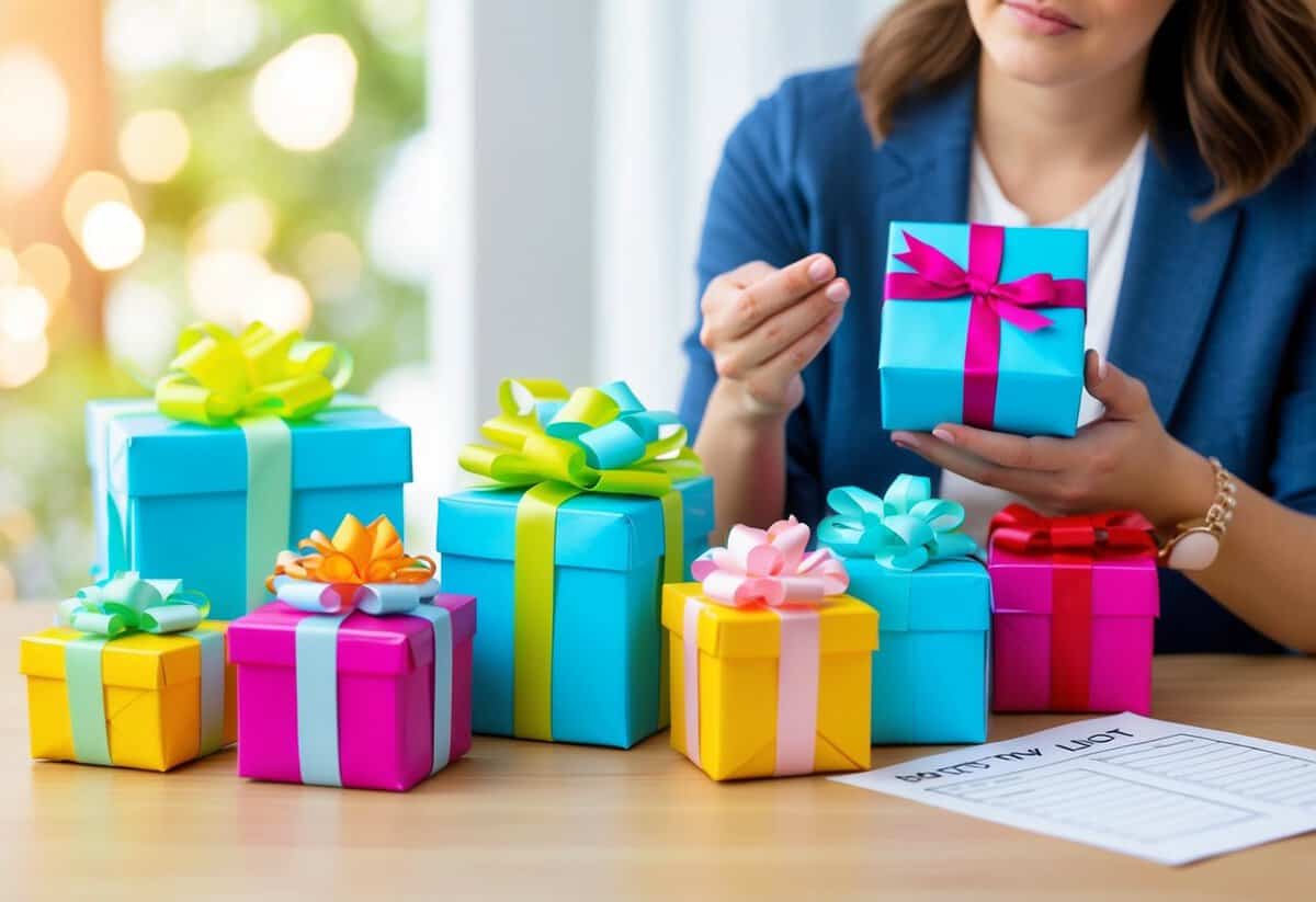 A group of colorful baby gifts, some wrapped in bows, sit on a table next to a registry list. A person looks unsure as they hold a gift not on the list