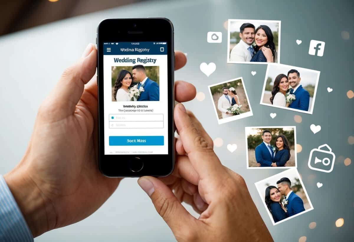 A couple's hands holding a smartphone with a wedding registry displayed on the screen, surrounded by social media icons and engagement photos