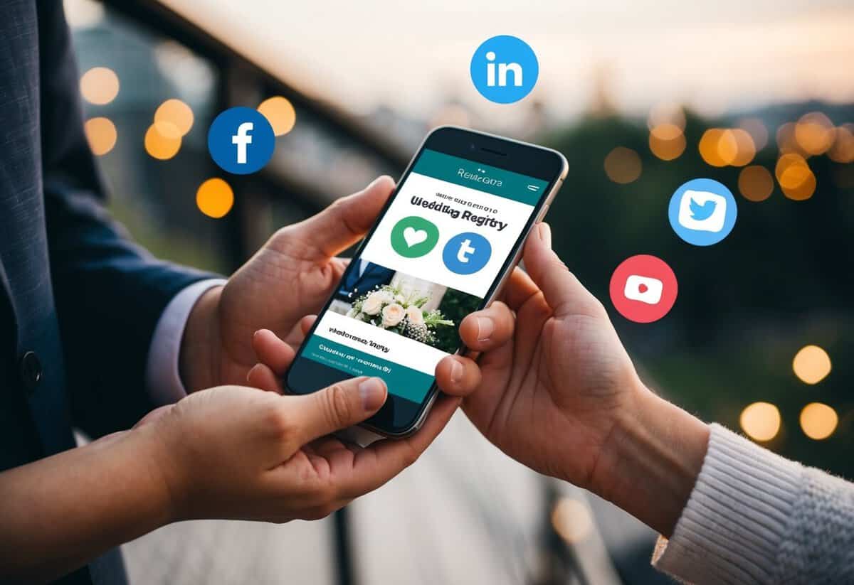 A couple's hands holding a smartphone, with a wedding registry website open and social media icons in the background