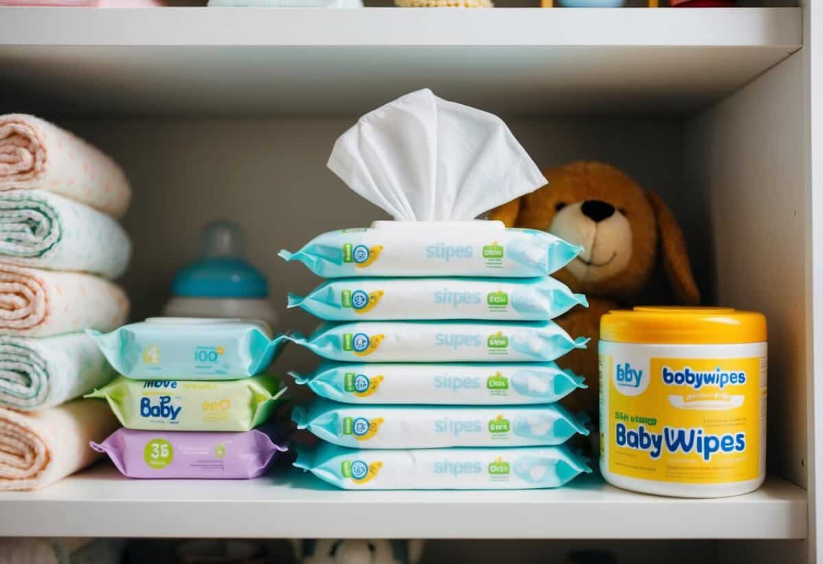A stack of baby wipes arranged on a nursery shelf, surrounded by other baby essentials