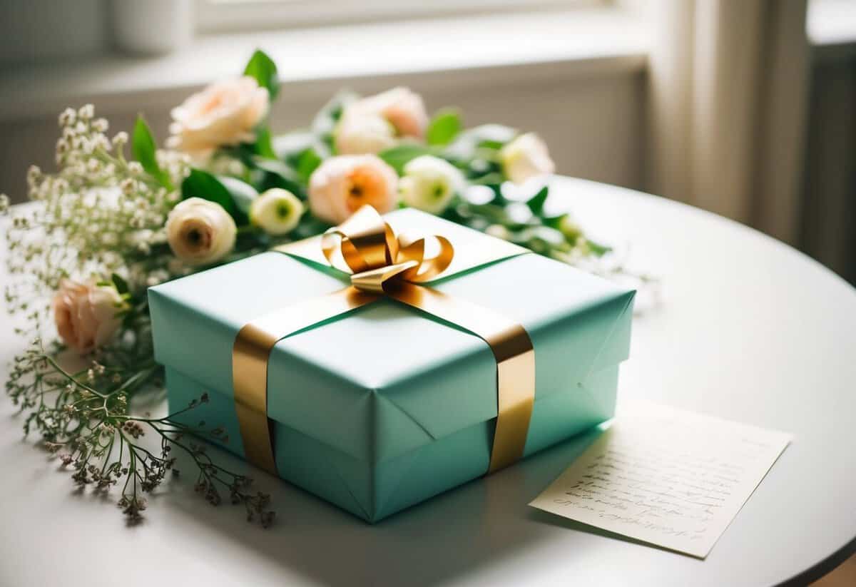 A beautifully wrapped gift box sitting on a table, surrounded by delicate flowers and a handwritten note