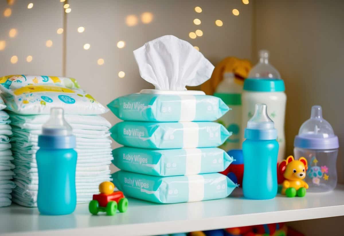 A stack of baby wipes surrounded by diapers, bottles, and toys on a nursery shelf
