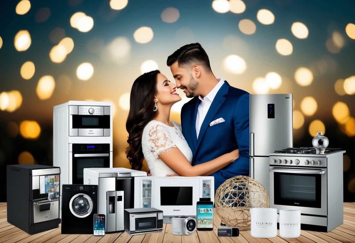 A couple surrounded by extravagant items, including luxury appliances, high-end electronics, and designer decor