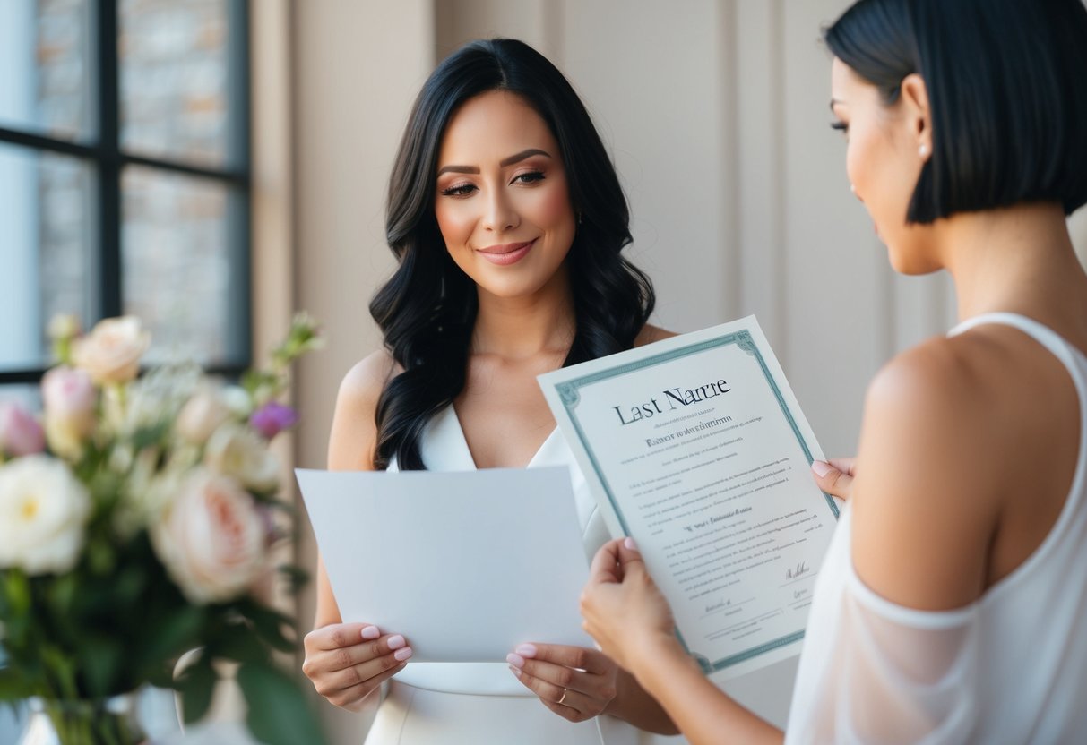 A woman holding a marriage certificate looks at her husband's last name while pondering the decision to legally change her own