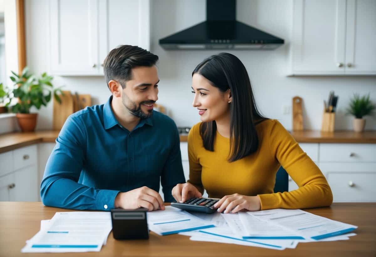 A couple sitting at a kitchen table, surrounded by tax forms and calculator, discussing their finances