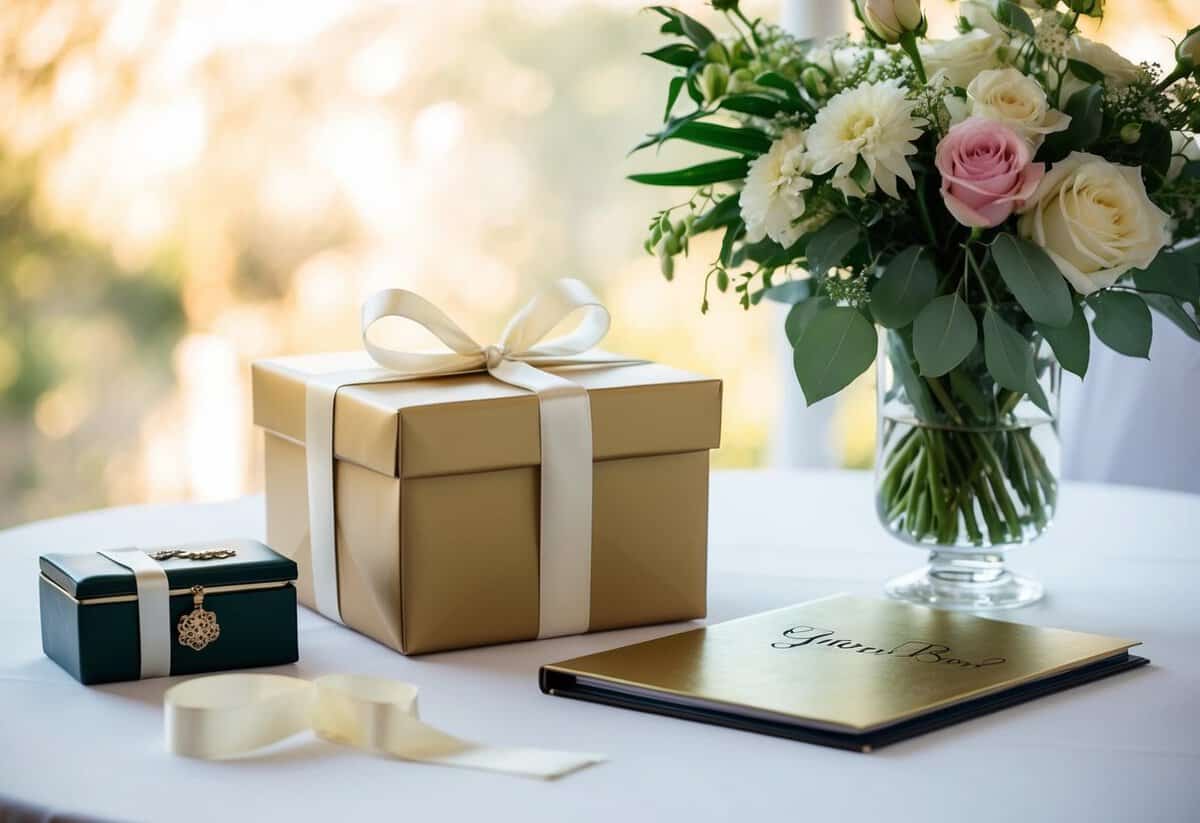 A beautifully wrapped gift box with a ribbon and bow sitting on a table next to a wedding guest book and a floral centerpiece