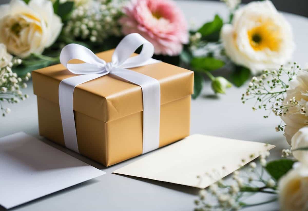 A beautifully wrapped gift box with a ribbon, placed on a table next to a card and surrounded by elegant floral decorations