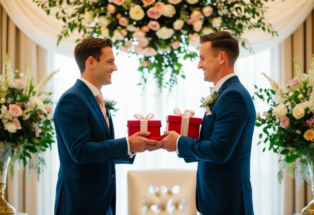 A bride and groom exchanging gifts, surrounded by flowers and wedding decorations