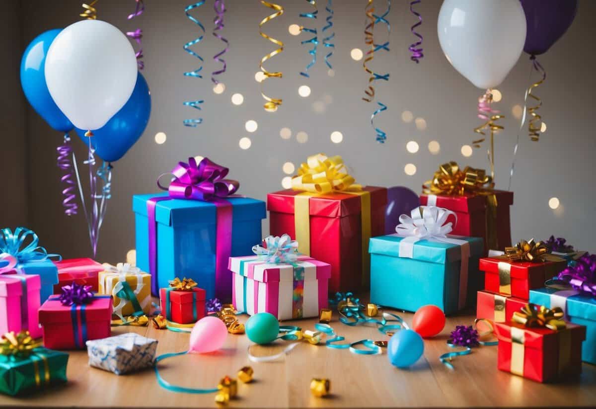 A cluttered table with mismatched gifts, balloons, and streamers strewn about. A sense of chaos and disorganization