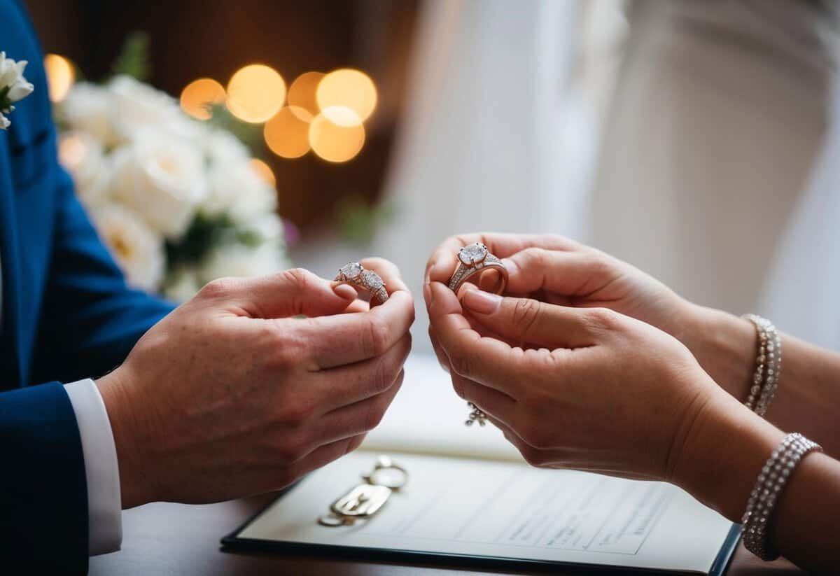 A couple's hands exchanging wedding rings at a marriage registry