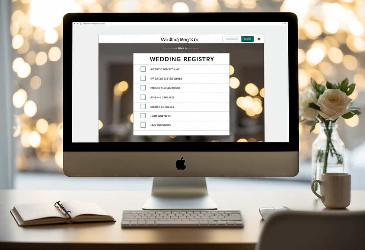 A computer screen displaying a wedding registry with items marked as purchased and the names of the buyers