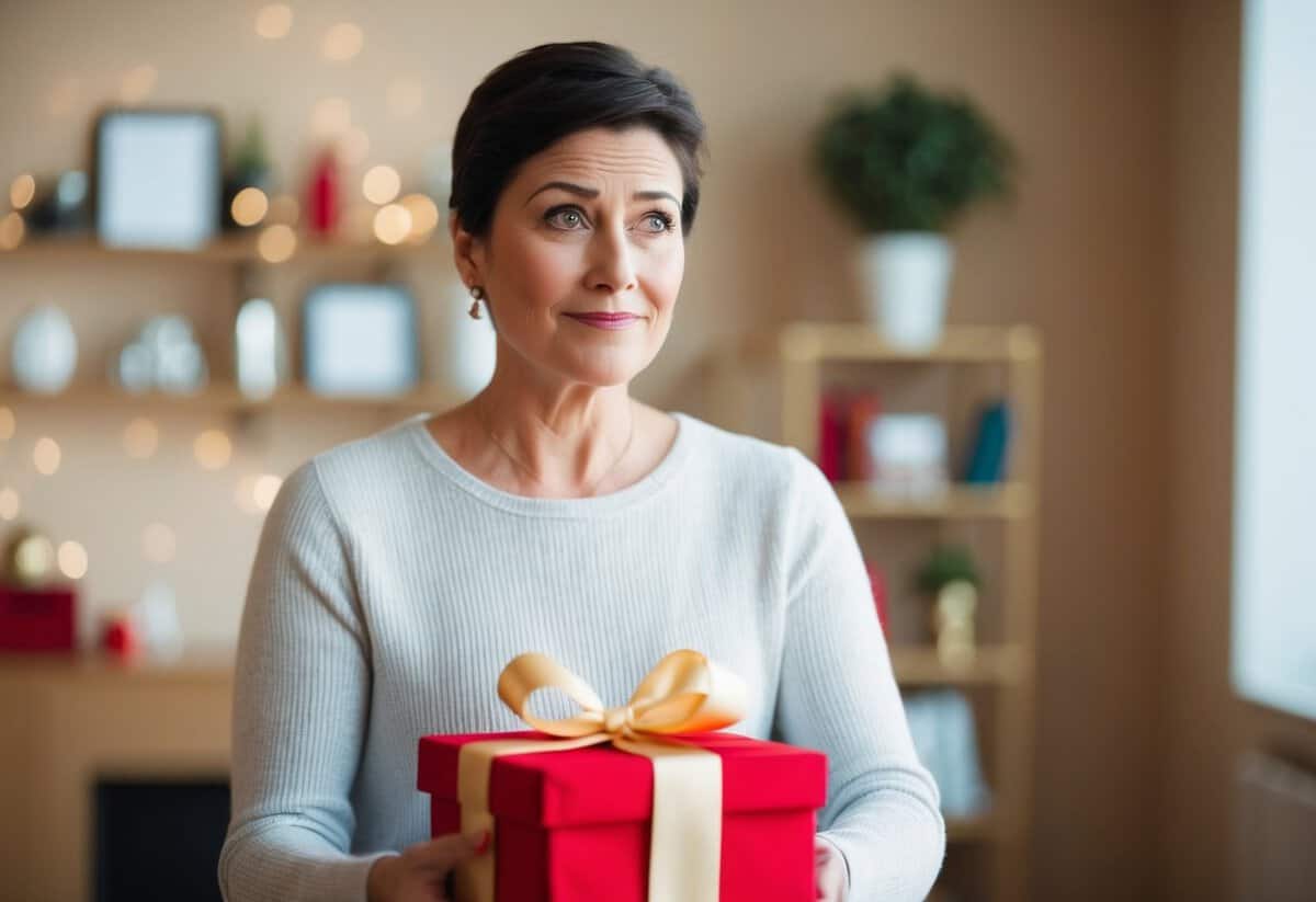 A person receiving a gift not on their registry with a hesitant expression