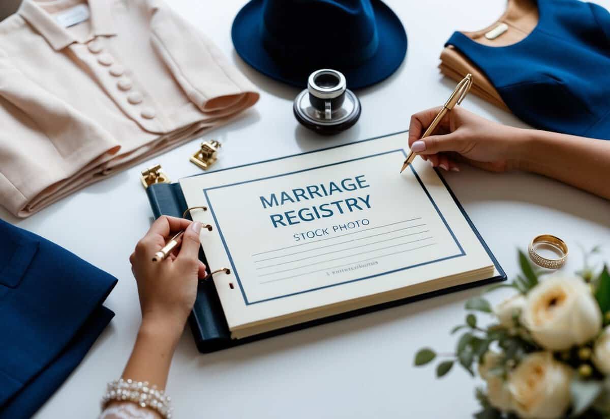 A table with a marriage registry book and pen, surrounded by elegant clothing options and accessories