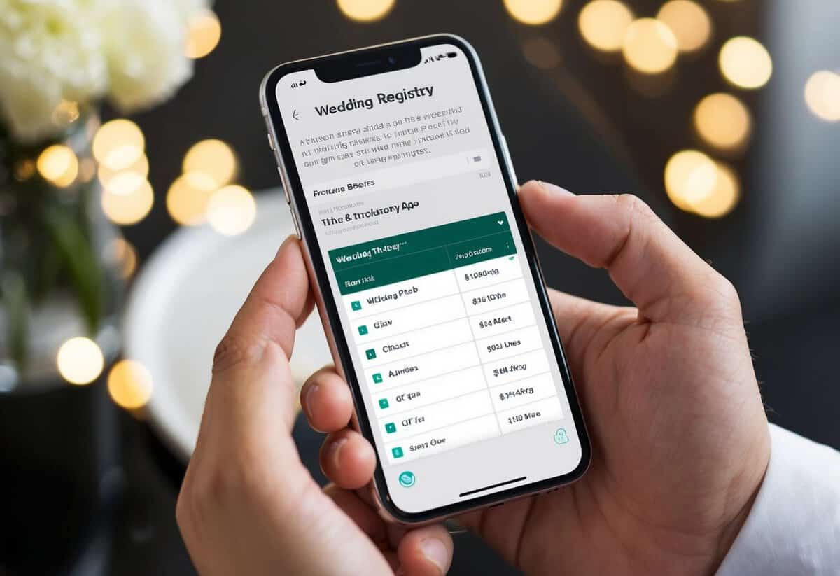 A hand holding a smartphone with a wedding registry app open, showing a list of purchased gifts with tracking information