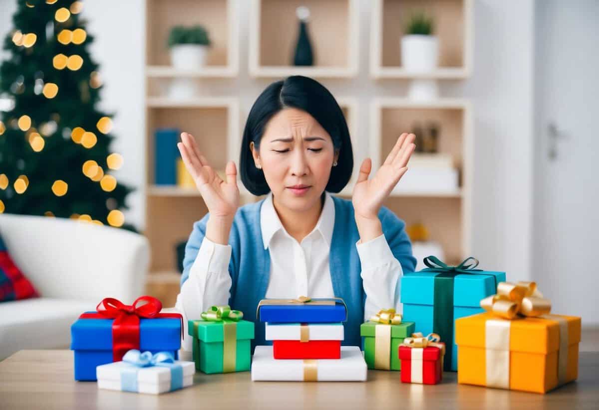 A person receiving a gift not on their registry with a disappointed expression while surrounded by items from their registry