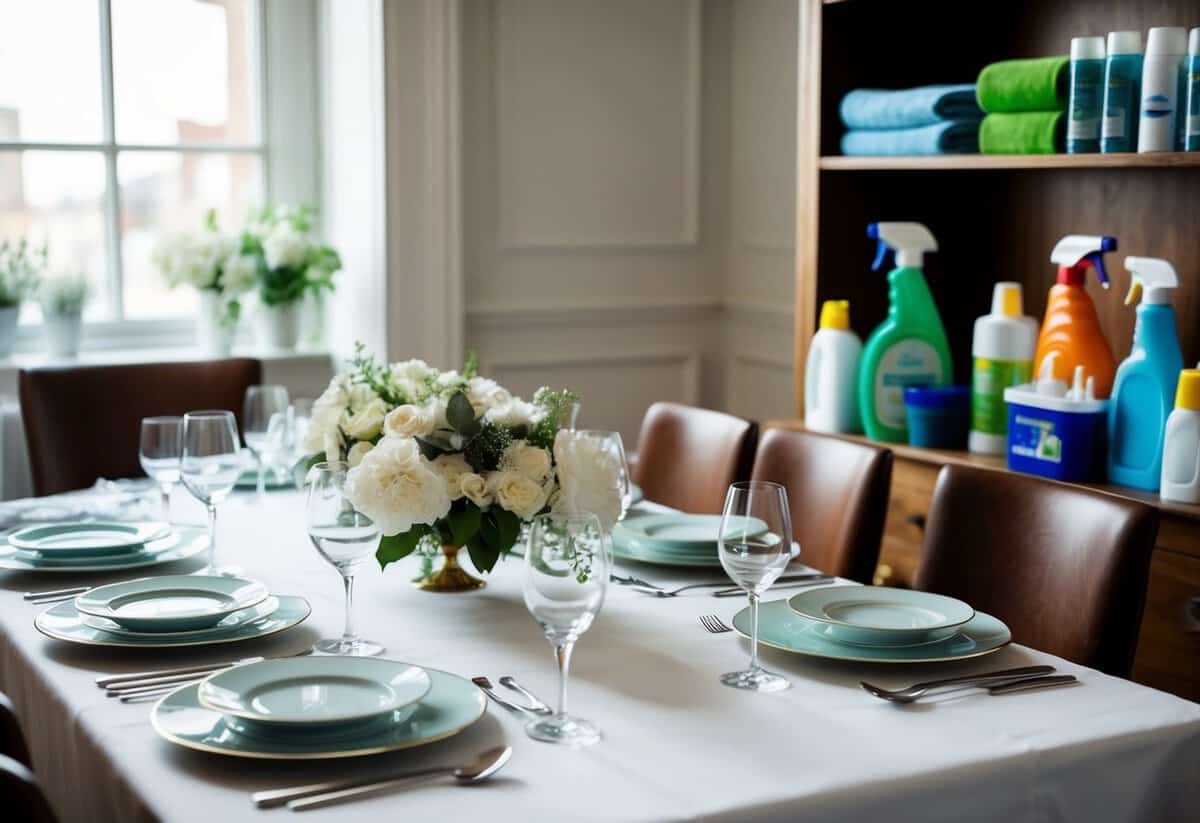 A beautifully set dining table with elegant dinnerware, glassware, and silverware. A variety of high-quality cleaning supplies neatly arranged on a nearby shelf