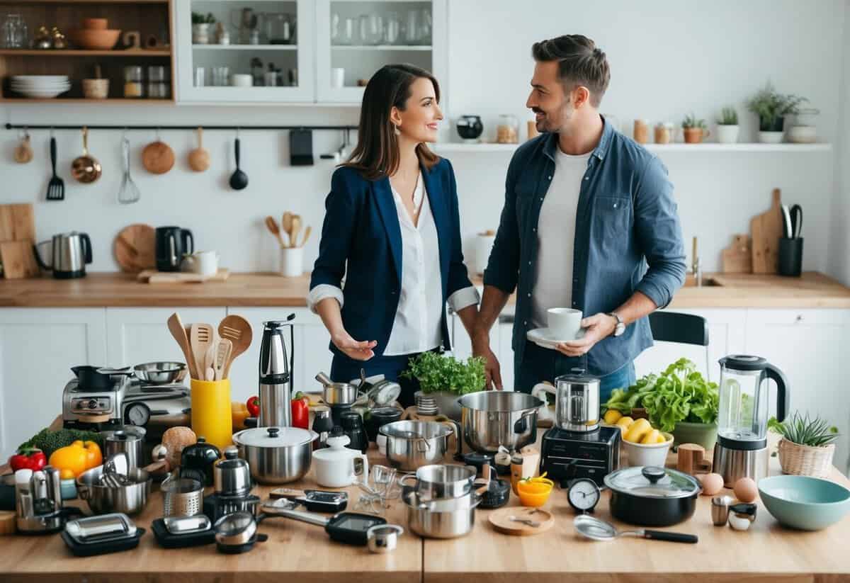 A table overflowing with an assortment of kitchen gadgets, home decor, and travel experiences. A couple debates the balance between practicality and excess