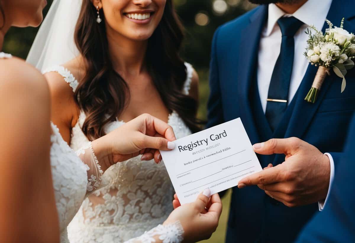 A couple points to a registry card at their wedding